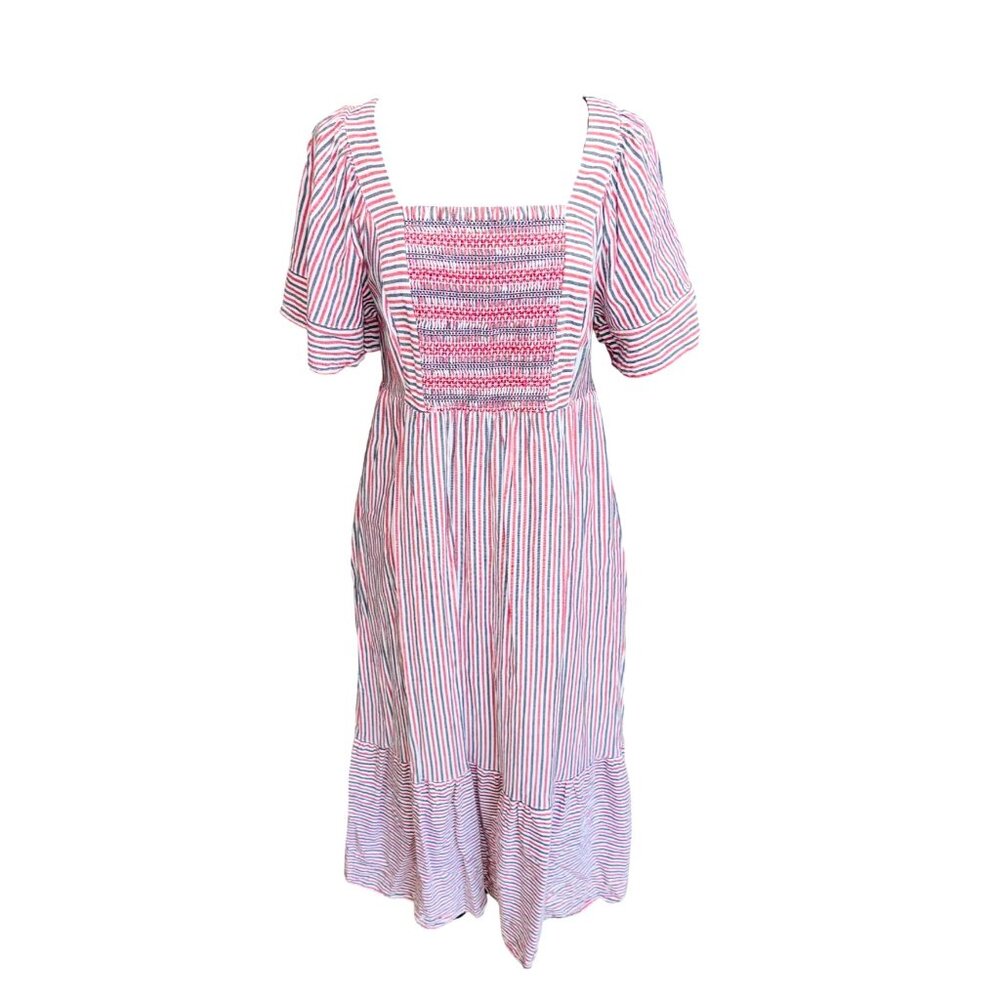 Farmgirl Cottage Core Old Navy Women M Red White Blue Striped Smocked Midi Dress